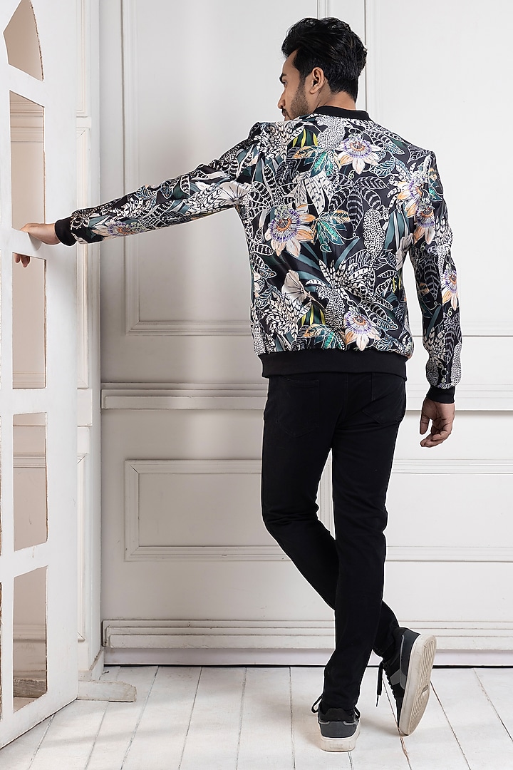 Multi-Colored Heavy Satin Floral Bomber Jacket by Smriti by Anju Agarwal Men at Pernia's Pop Up Shop