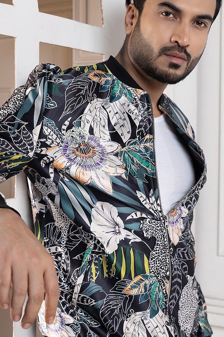 Multi-Colored Heavy Satin Floral Bomber Jacket by Smriti by Anju Agarwal Men at Pernia's Pop Up Shop
