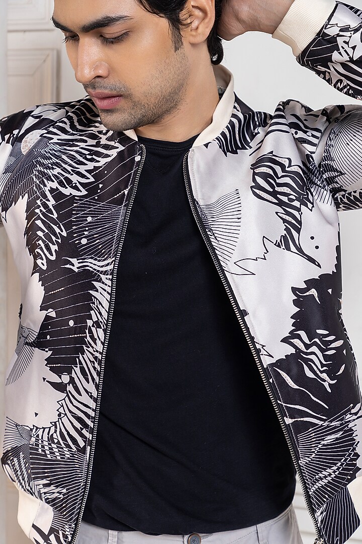 Multi-Colored Heavy Satin Abstract Bomber Jacket by Smriti by Anju Agarwal Men at Pernia's Pop Up Shop