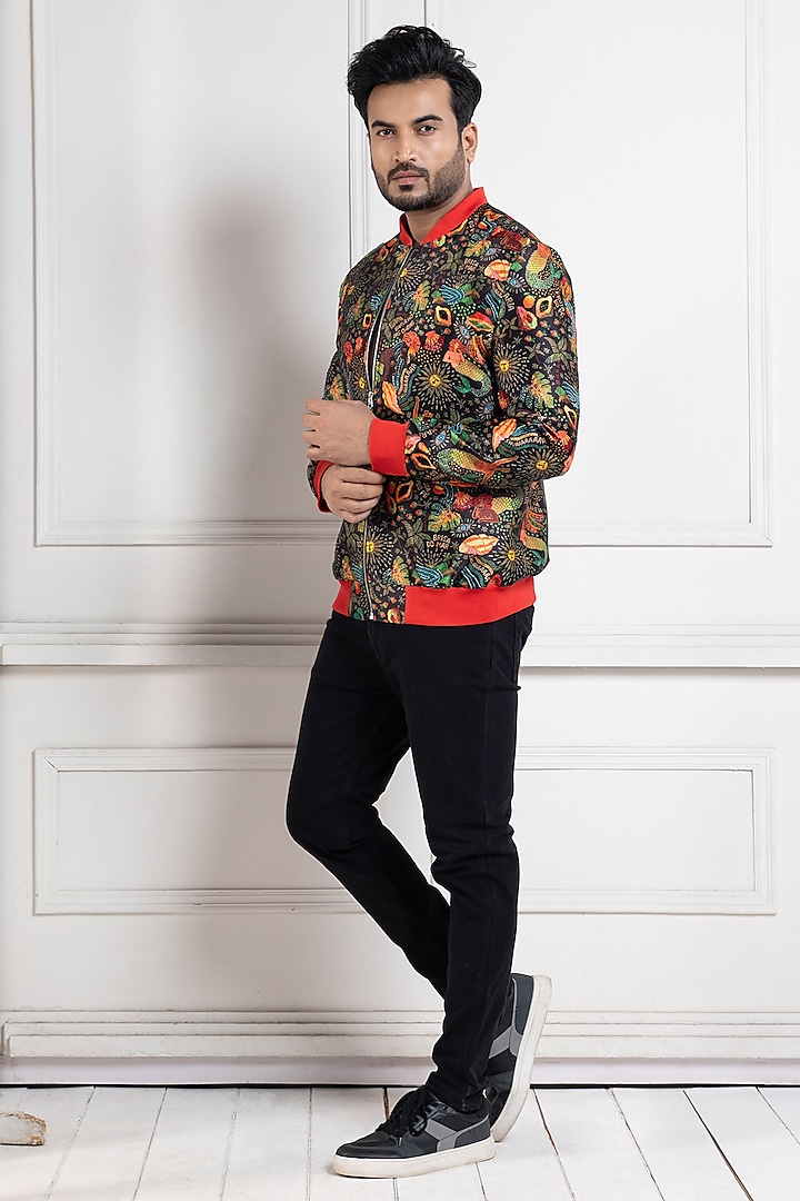 Multi-Colored Heavy Satin Floral Bomber Jacket by Smriti By Anju Agarwal Men