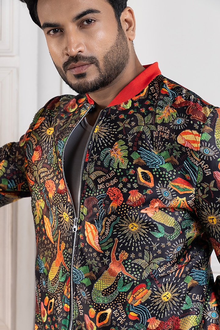 Multi-Colored Heavy Satin Floral Bomber Jacket by Smriti by Anju Agarwal Men at Pernia's Pop Up Shop