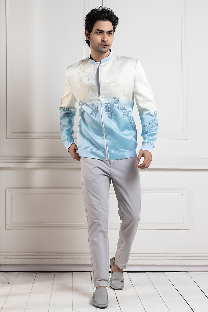 Multi-Colored Linen Satin Floral Bomber Jacket by Smriti By Anju Agarwal Men