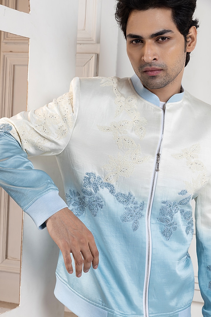 Multi-Colored Linen Satin Floral Bomber Jacket by Smriti by Anju Agarwal Men at Pernia's Pop Up Shop