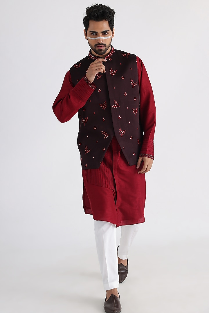 Brown Linen Satin Thread Embroidered Nehru Jacket by Smriti By Anju Agarwal Men