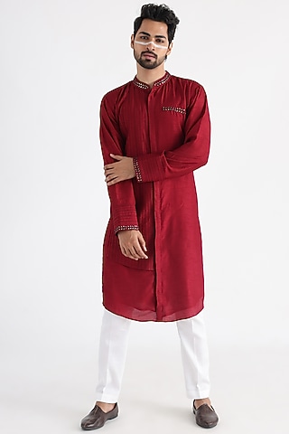 Maroon Silk Mulmul Thread Embroidered Kurta Set by Smriti By Anju Agarwal Men
