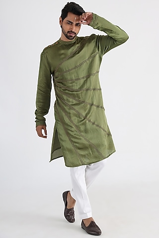 Olive Green Linen Satin Mulmul Embroidered Kurta Set by Smriti By Anju Agarwal Men