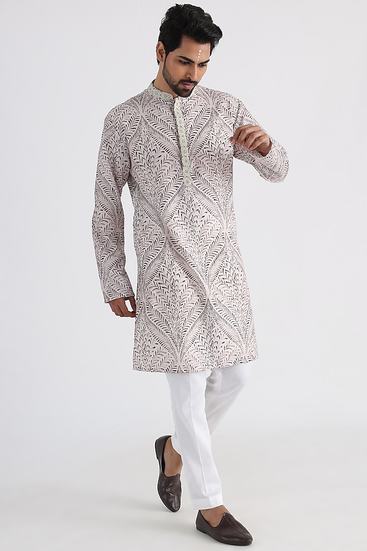 Off-White & Brown Linen Mulmul Printed Kurta Set by Smriti By Anju Agarwal Men