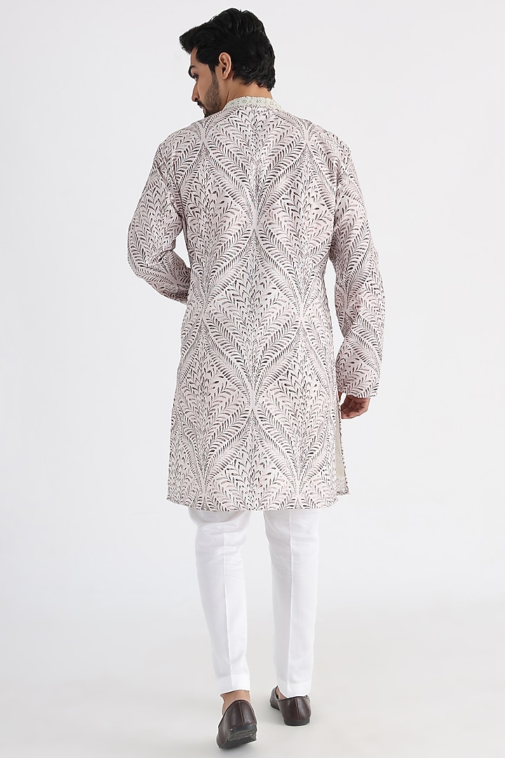 Off-White & Brown Linen Mulmul Printed & Thread Hand Embroidered Kurta Set by Smriti By Anju Agarwal Men at Pernia's Pop Up Shop