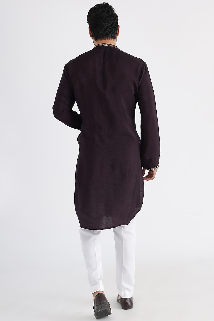 Brown Bemberg Silk Zari & Sequins Embroidered Kurta Set by Smriti By Anju Agarwal Men at Pernia's Pop Up Shop