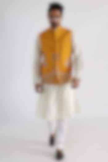 Yellow Bemberg Silk Embroidered Nehru Jacket by Smriti By Anju Agarwal Men