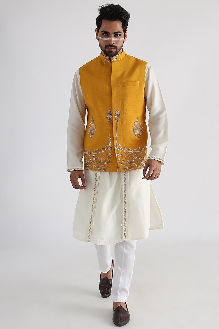 Yellow Bemberg Silk Embroidered Nehru Jacket by Smriti By Anju Agarwal Men