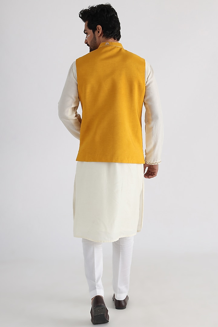 Yellow Bemberg Silk Embroidered Nehru Jacket by Smriti By Anju Agarwal Men at Pernia's Pop Up Shop