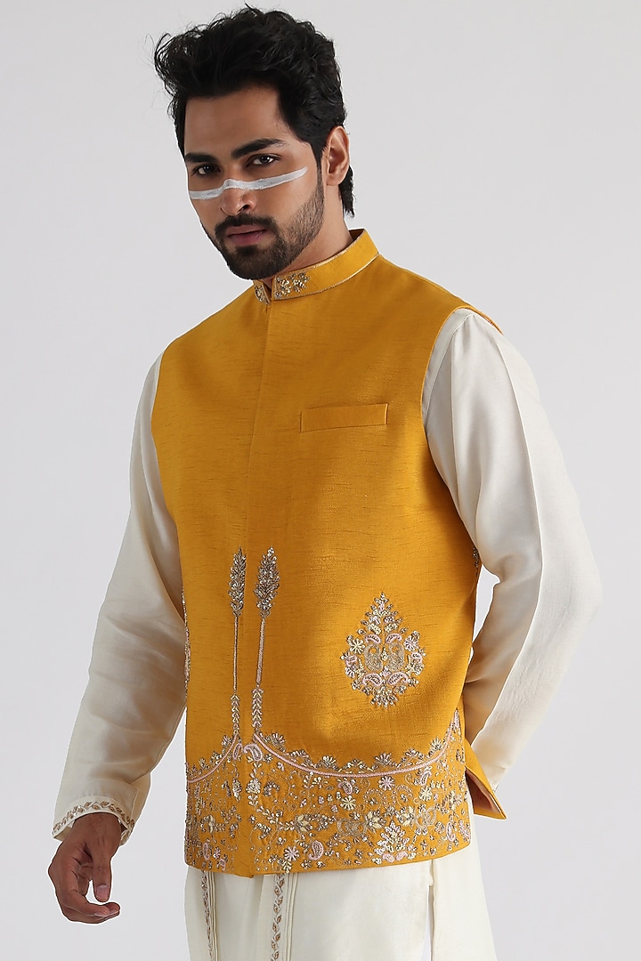Yellow Bemberg Silk Embroidered Nehru Jacket by Smriti By Anju Agarwal Men at Pernia's Pop Up Shop