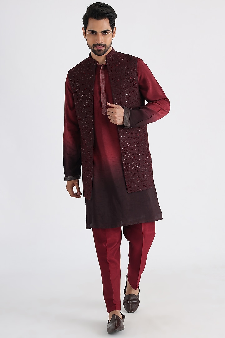Brown Bemberg Silk Embroidered Wedding Indowestern Set by Smriti By Anju Agarwal Men at Pernia's Pop Up Shop