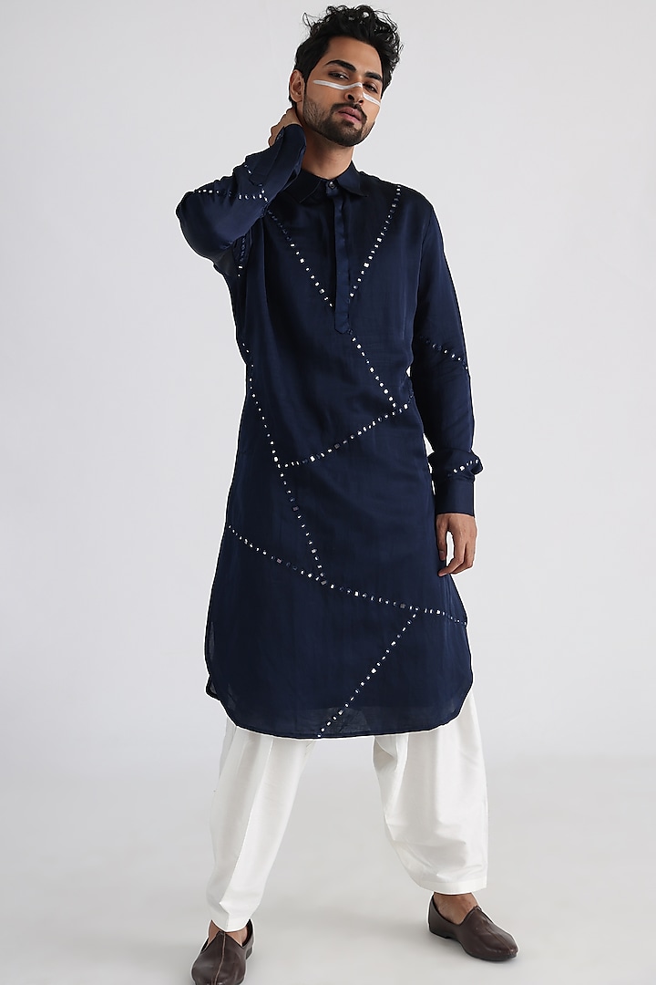 Navy Blue Linen Satin Mulmul Embroidered Kurta Set by Smriti By Anju Agarwal Men