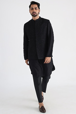 Black Bemberg Silk Embroidered Nehru Jacket by Smriti By Anju Agarwal Men