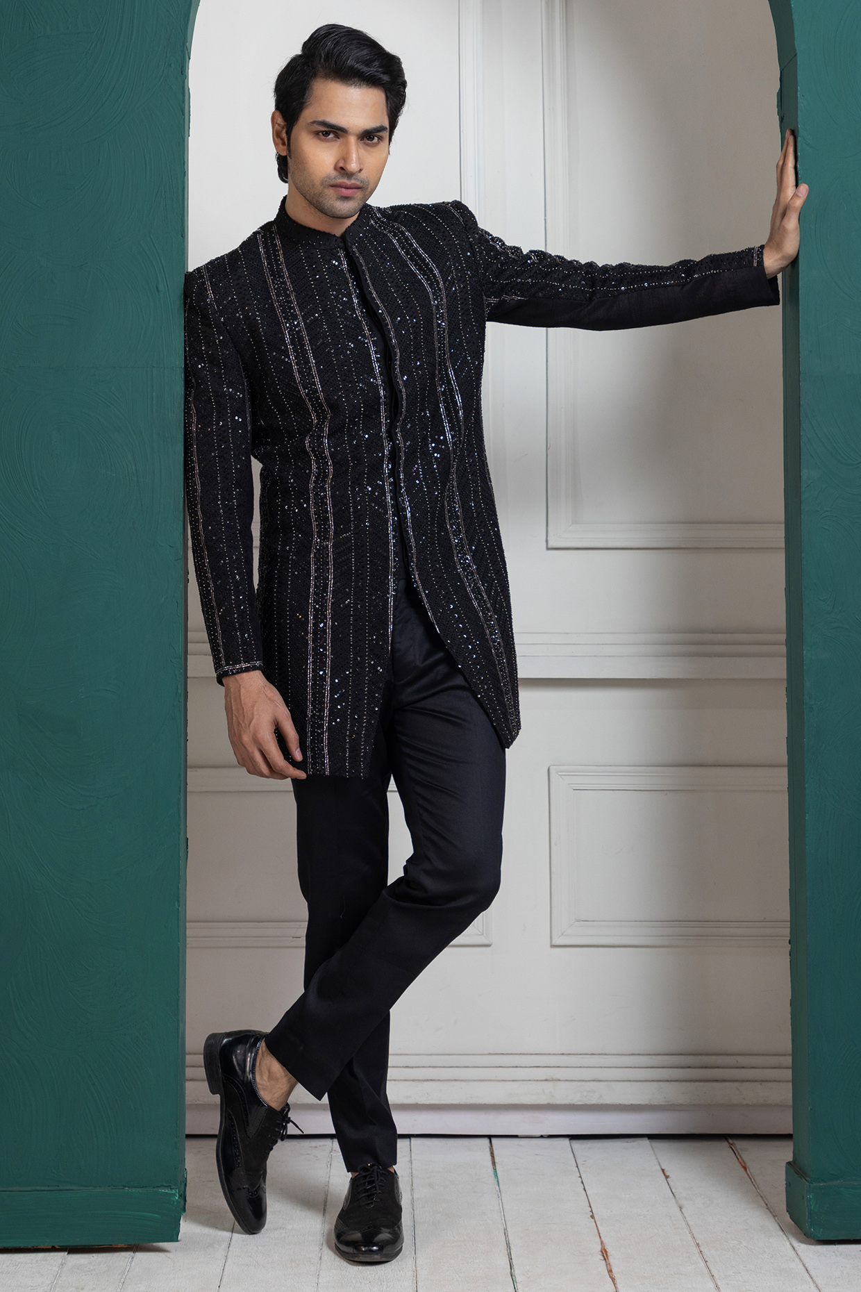 Black Silk Sequins Hand Embroidered Bandhgala Set by Smriti by Anju Agarwal Men