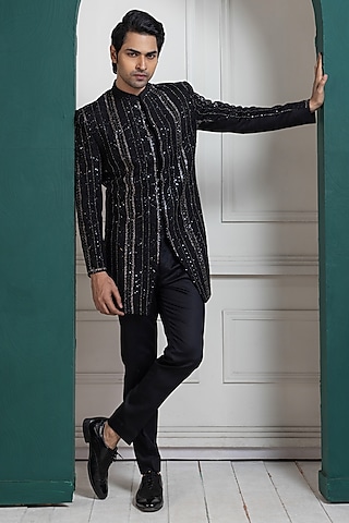 Black Silk Sequins Hand Embroidered Bandhgala Set by Smriti by Anju Agarwal Men