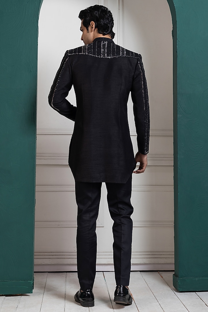 Black Silk Sequins Hand Embroidered Bandhgala Set by Smriti by Anju Agarwal Men at Pernia's Pop Up Shop
