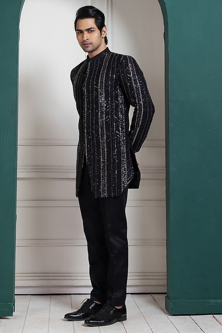 Black Silk Sequins Hand Embroidered Bandhgala Set by Smriti by Anju Agarwal Men at Pernia's Pop Up Shop
