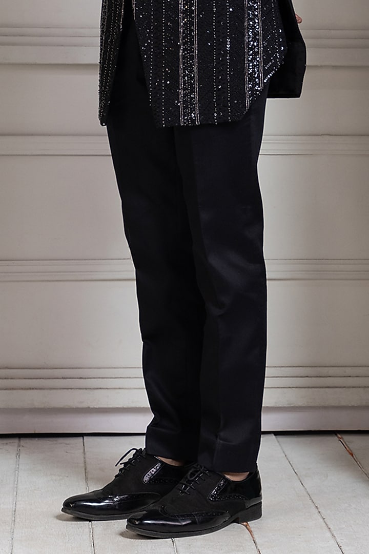 Black Silk Sequins Hand Embroidered Bandhgala Set by Smriti by Anju Agarwal Men at Pernia's Pop Up Shop