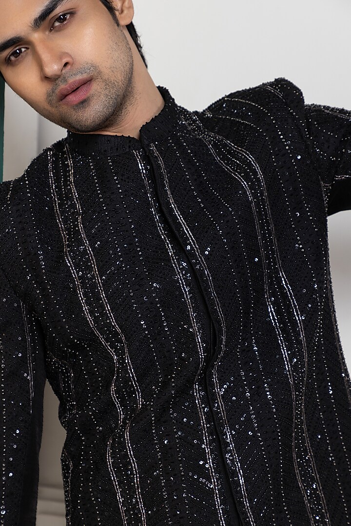 Black Silk Sequins Hand Embroidered Bandhgala Set by Smriti by Anju Agarwal Men at Pernia's Pop Up Shop