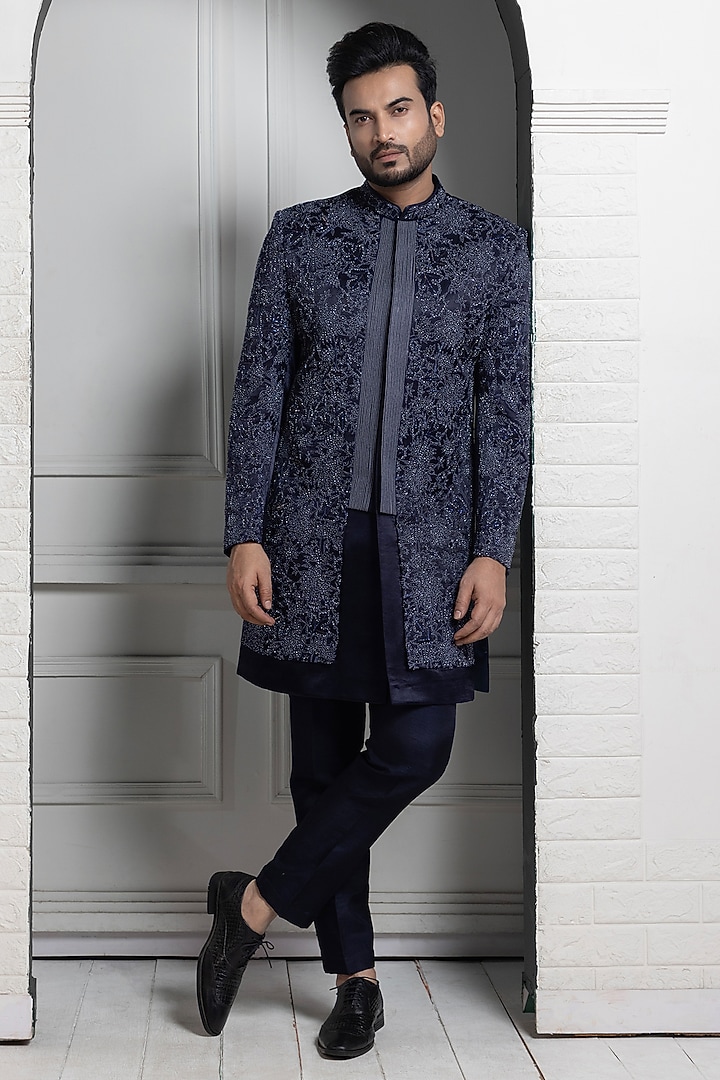 Midnight Blue Satin Silk Floral Embroidered Bandhgala Set by Smriti by Anju Agarwal Men at Pernia's Pop Up Shop