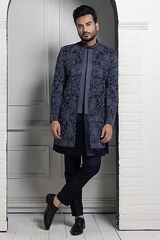 Midnight Blue Satin Silk Floral Embroidered Bandhgala Set by Smriti by Anju Agarwal Men