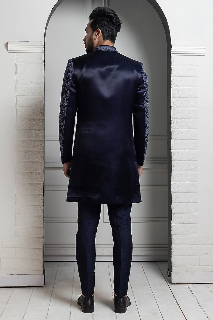 Midnight Blue Satin Silk Floral Embroidered Bandhgala Set by Smriti by Anju Agarwal Men at Pernia's Pop Up Shop