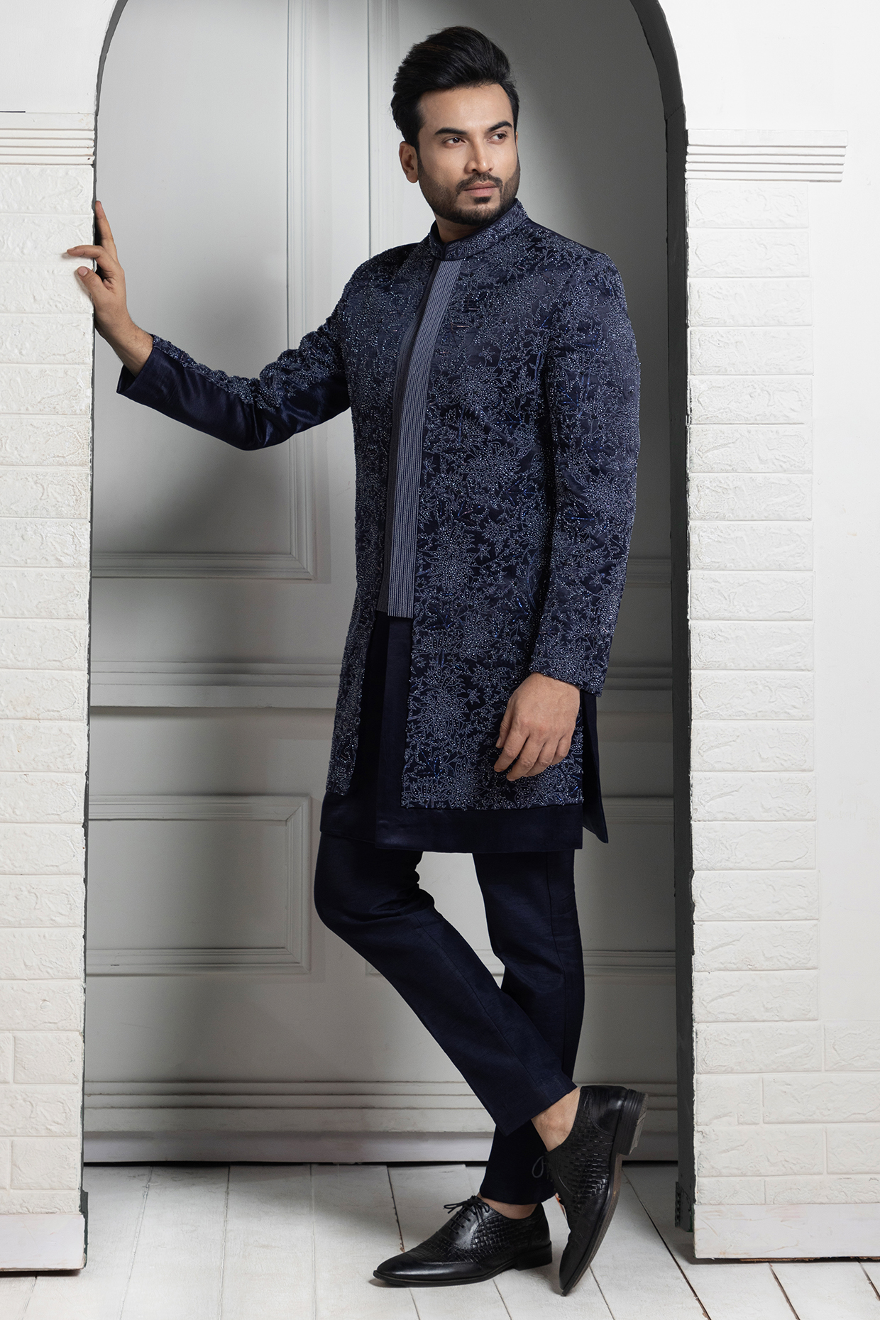 Midnight Blue Satin Silk Floral Embroidered Bandhgala Set by Smriti by Anju Agarwal Men