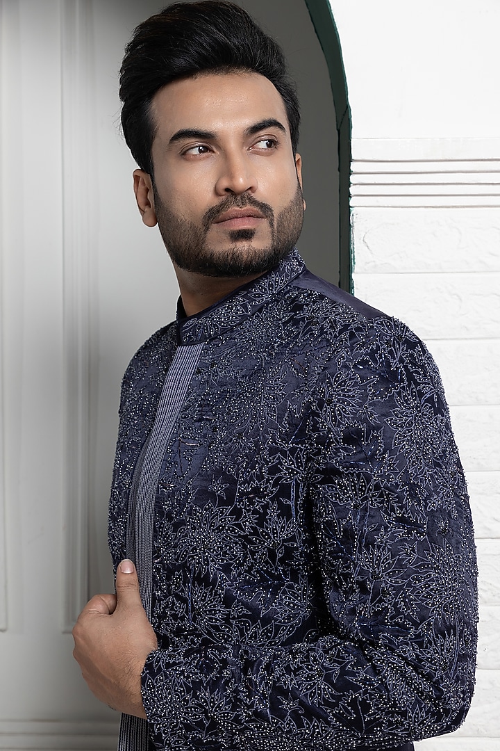 Midnight Blue Satin Silk Floral Embroidered Bandhgala Set by Smriti by Anju Agarwal Men at Pernia's Pop Up Shop