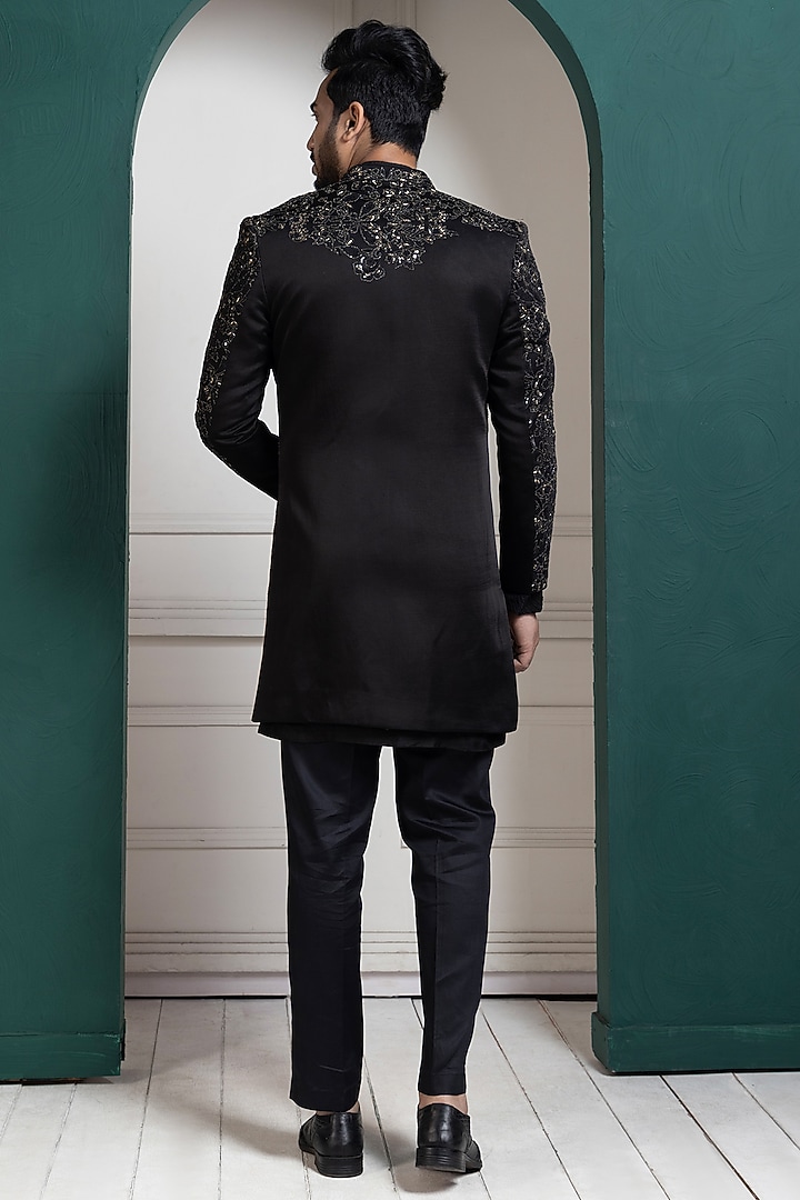 Black Linen Satin Metallic Thread Hand Embroidered Achkan Jacket by Smriti by Anju Agarwal Men at Pernia's Pop Up Shop