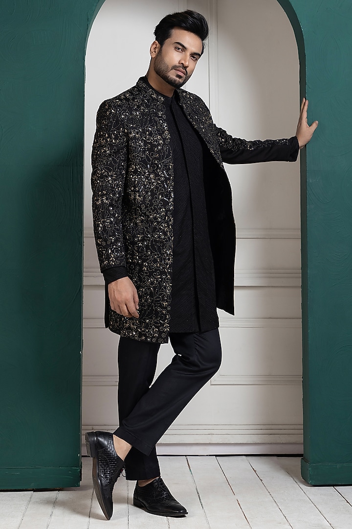 Black Linen Satin Metallic Thread Hand Embroidered Achkan Jacket by Smriti by Anju Agarwal Men at Pernia's Pop Up Shop