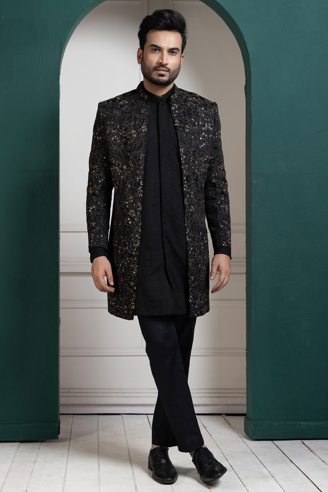 Midnight Black Linen Satin Metallic Thread Hand Embroidered Achkan Jacket Set by Smriti by Anju Agarwal Men