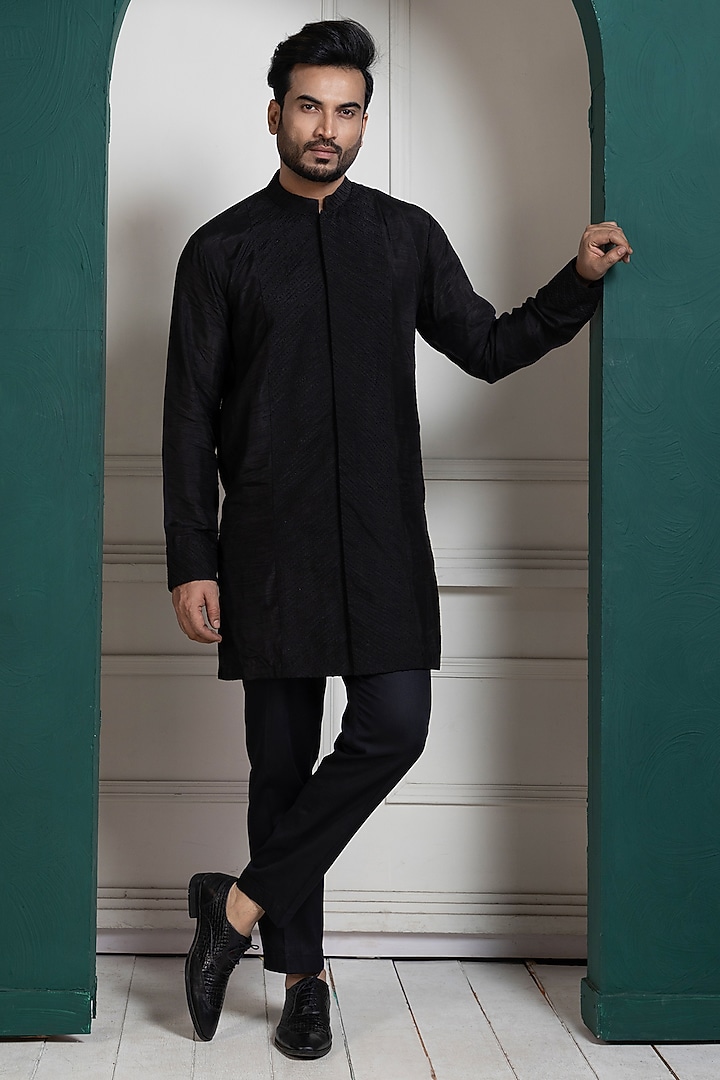 Midnight Black Linen Satin Metallic Thread Hand Embroidered Achkan Jacket Set by Smriti by Anju Agarwal Men at Pernia's Pop Up Shop