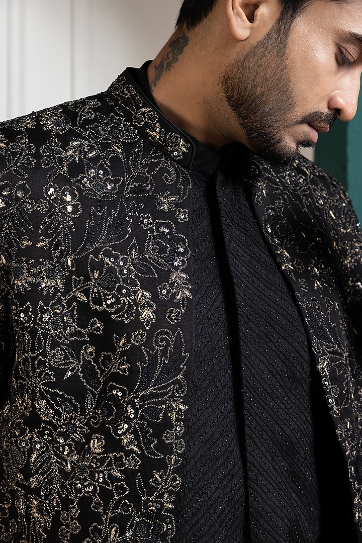 Midnight Black Linen Satin Metallic Thread Hand Embroidered Achkan Jacket Set by Smriti by Anju Agarwal Men at Pernia's Pop Up Shop