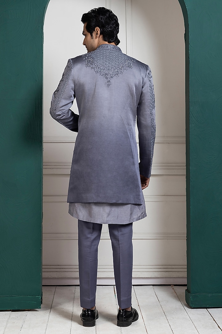 Grey Linen Satin Thread Embroidered Wedding Sherwani by Smriti by Anju Agarwal Men at Pernia's Pop Up Shop