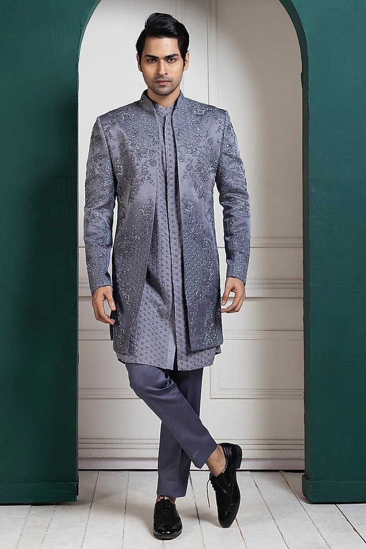 Grey Linen Satin Thread Embroidered Wedding Sherwani Set by Smriti by Anju Agarwal Men at Pernia's Pop Up Shop