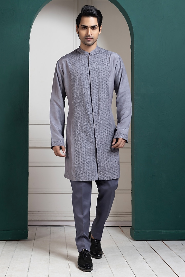 Grey Linen Satin Thread Embroidered Wedding Sherwani Set by Smriti by Anju Agarwal Men at Pernia's Pop Up Shop