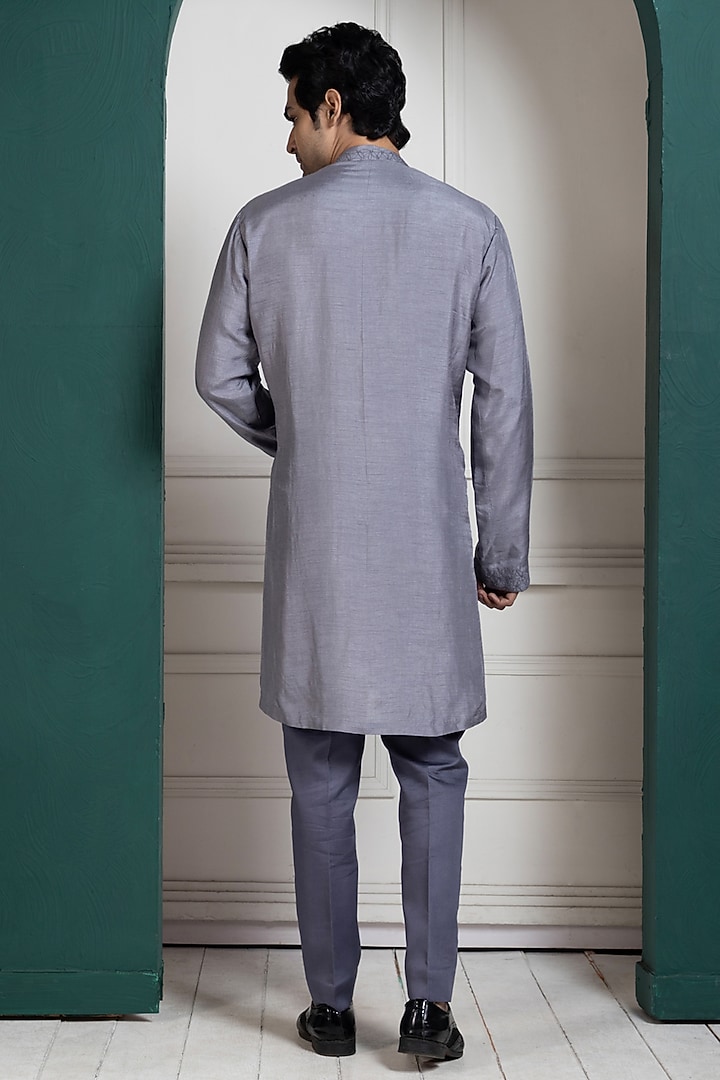 Grey Linen Satin Thread Embroidered Wedding Sherwani Set by Smriti by Anju Agarwal Men at Pernia's Pop Up Shop