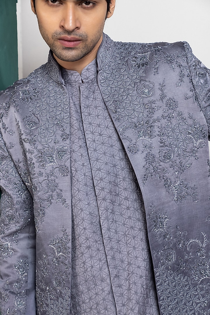 Grey Linen Satin Thread Embroidered Wedding Sherwani Set by Smriti by Anju Agarwal Men at Pernia's Pop Up Shop