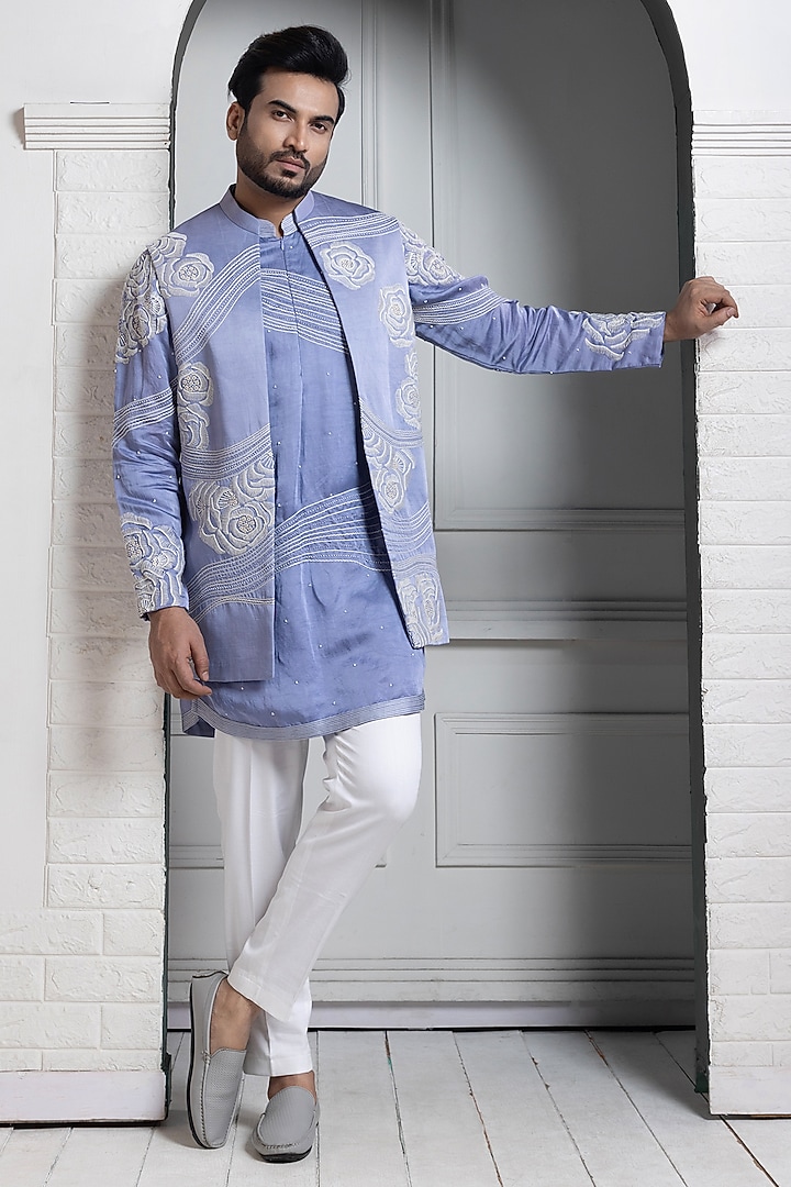 Pastel Blue Linen Satin Floral Hand Embroidered Nehru Jacket by Smriti by Anju Agarwal Men at Pernia's Pop Up Shop