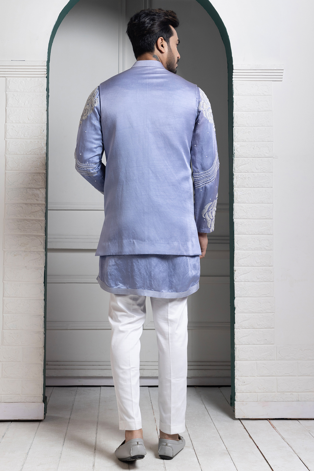 Pastel Blue Linen Satin Floral Hand Embroidered Nehru Jacket by Smriti by Anju Agarwal Men