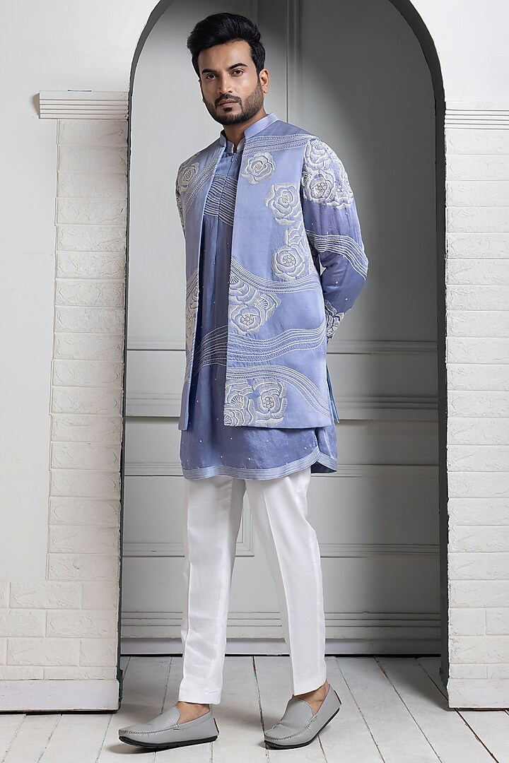 Pastel Blue Linen Satin Floral Hand Embroidered Nehru Jacket by Smriti by Anju Agarwal Men at Pernia's Pop Up Shop