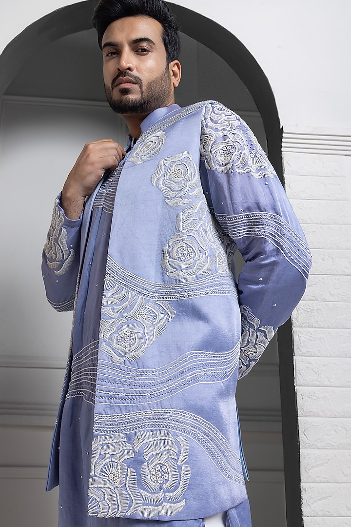 Pastel Blue Linen Satin Floral Hand Embroidered Nehru Jacket by Smriti by Anju Agarwal Men at Pernia's Pop Up Shop