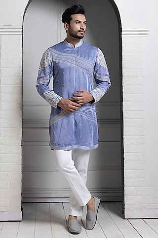 Pastel Blue Linen Satin Floral Hand Embroidered Kurta Set by Smriti by Anju Agarwal Men