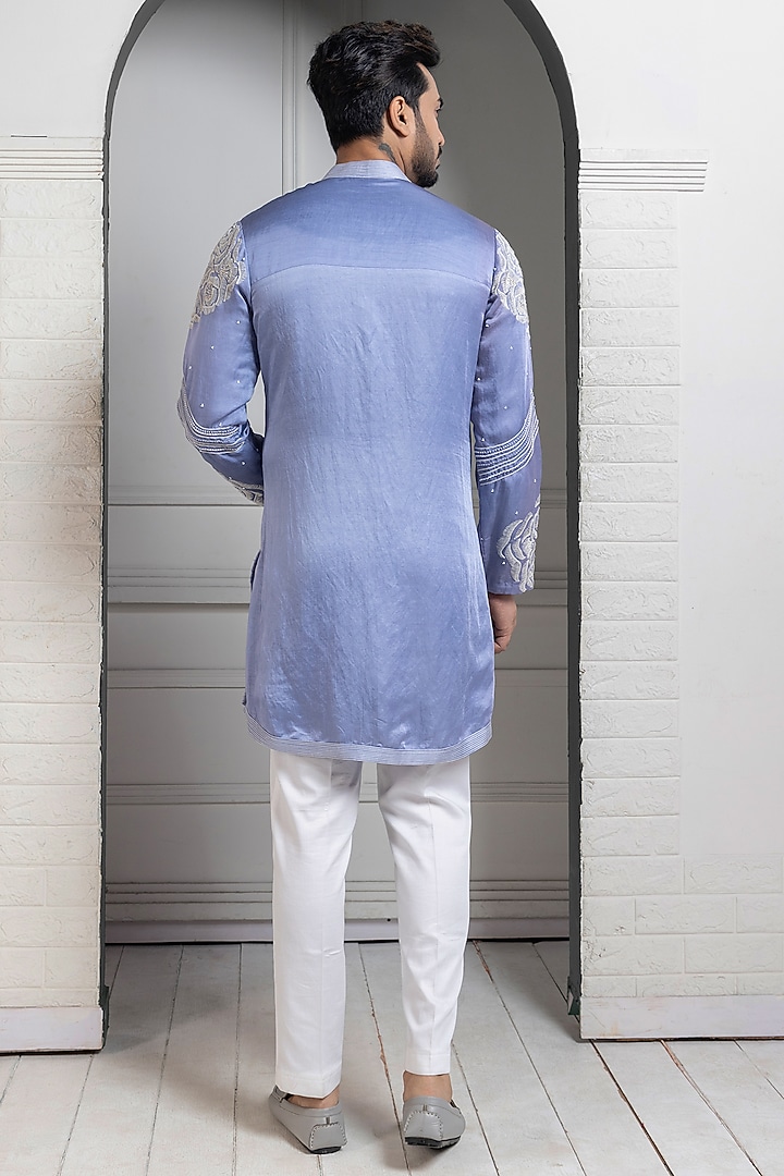Pastel Blue Linen Satin Floral Hand Embroidered Kurta Set by Smriti by Anju Agarwal Men at Pernia's Pop Up Shop