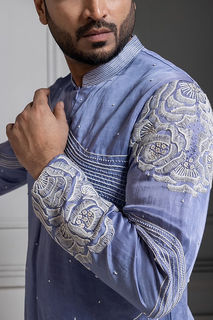 Pastel Blue Linen Satin Floral Hand Embroidered Kurta Set by Smriti by Anju Agarwal Men at Pernia's Pop Up Shop