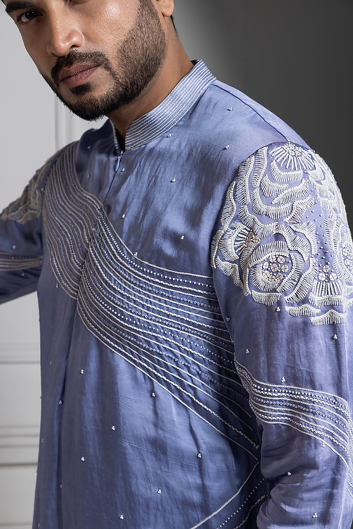 Pastel Blue Linen Satin Floral Hand Embroidered Kurta Set by Smriti by Anju Agarwal Men at Pernia's Pop Up Shop