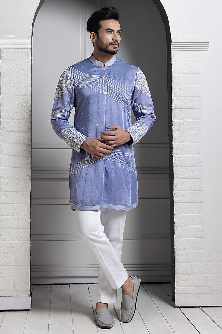 Pastel Blue Linen Satin Floral Hand Embroidered Nehru Jacket Set by Smriti by Anju Agarwal Men at Pernia's Pop Up Shop
